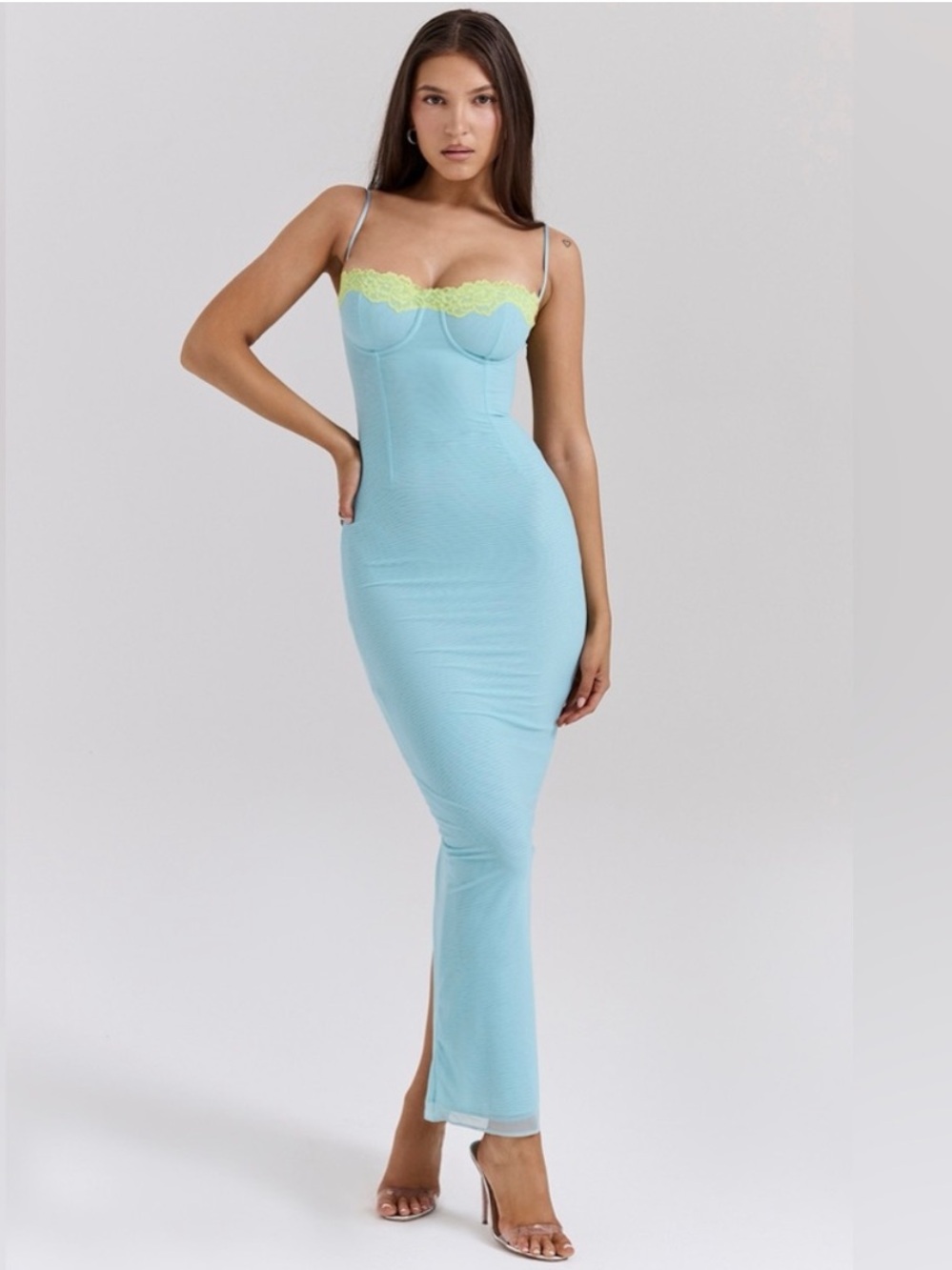 House of CB Aiza Ocean Blue Contrast Lace Maxi Dress